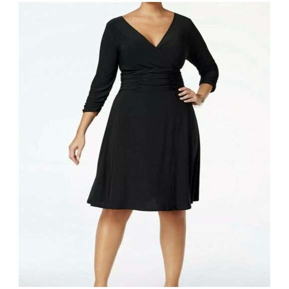NY Collection 3X-Large Midi A-Line Dress 3/4 Sleeve Stretch Ruched Waist Black - Picture 1 of 11